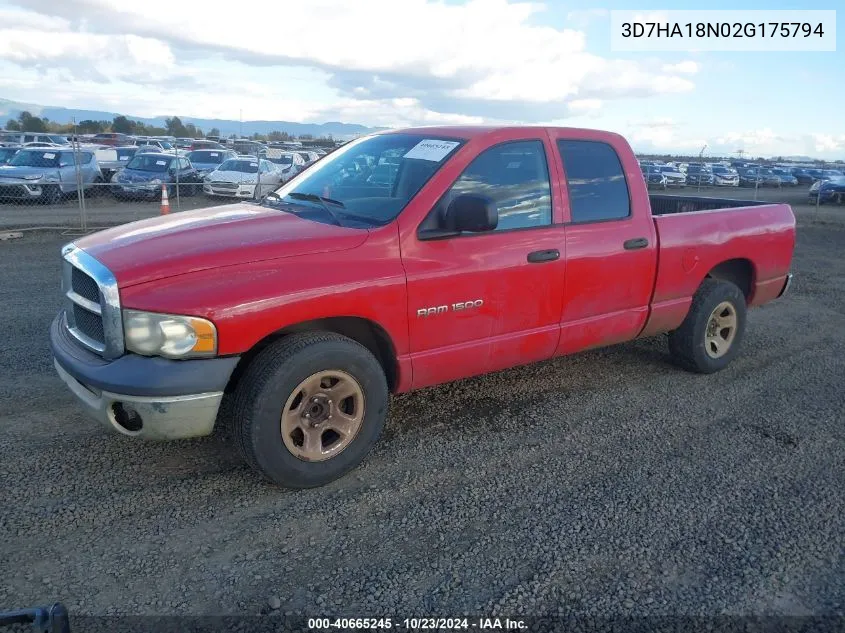 2002 Dodge Ram 1500 St VIN: 3D7HA18N02G175794 Lot: 40665245