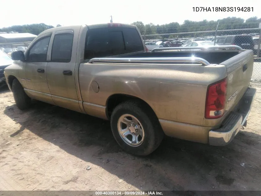 2003 Dodge Ram 1500 Slt/Laramie/St VIN: 1D7HA18N83S194281 Lot: 40300134