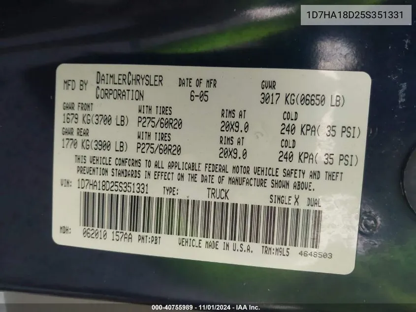 2005 Dodge Ram 1500 Slt/Laramie VIN: 1D7HA18D25S351331 Lot: 40755989