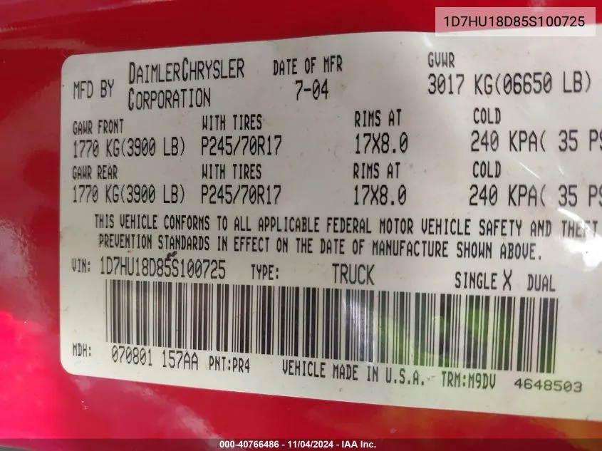 2005 Dodge Ram 1500 Slt/Laramie VIN: 1D7HU18D85S100725 Lot: 40766486