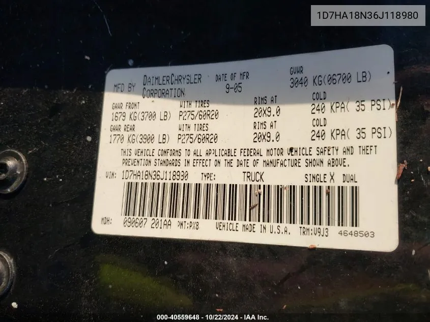 1D7HA18N36J118980 2006 Dodge Ram 1500 Slt