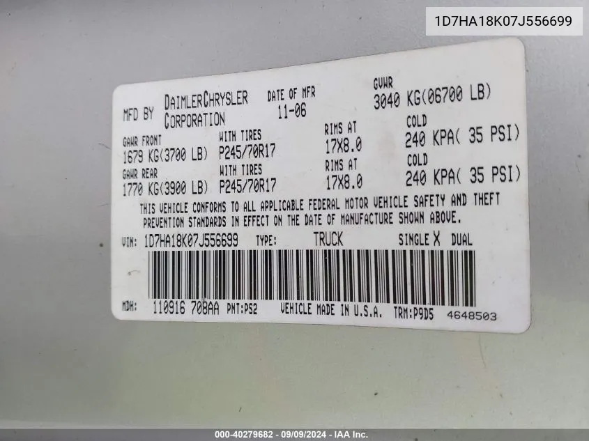2007 Dodge Ram 1500 St VIN: 1D7HA18K07J556699 Lot: 40279682