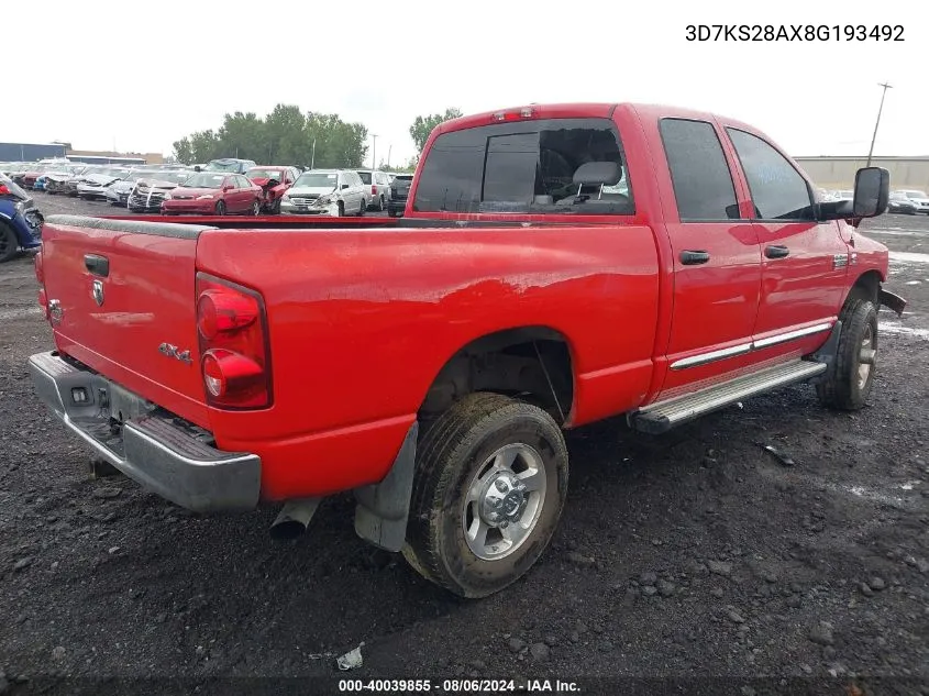 2008 Dodge Ram 2500 Slt/Power Wagon VIN: 3D7KS28AX8G193492 Lot: 40039855