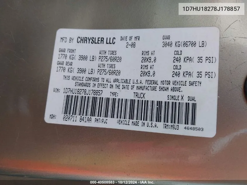 2008 Dodge Ram 1500 St/Slt VIN: 1D7HU18278J178857 Lot: 40508583