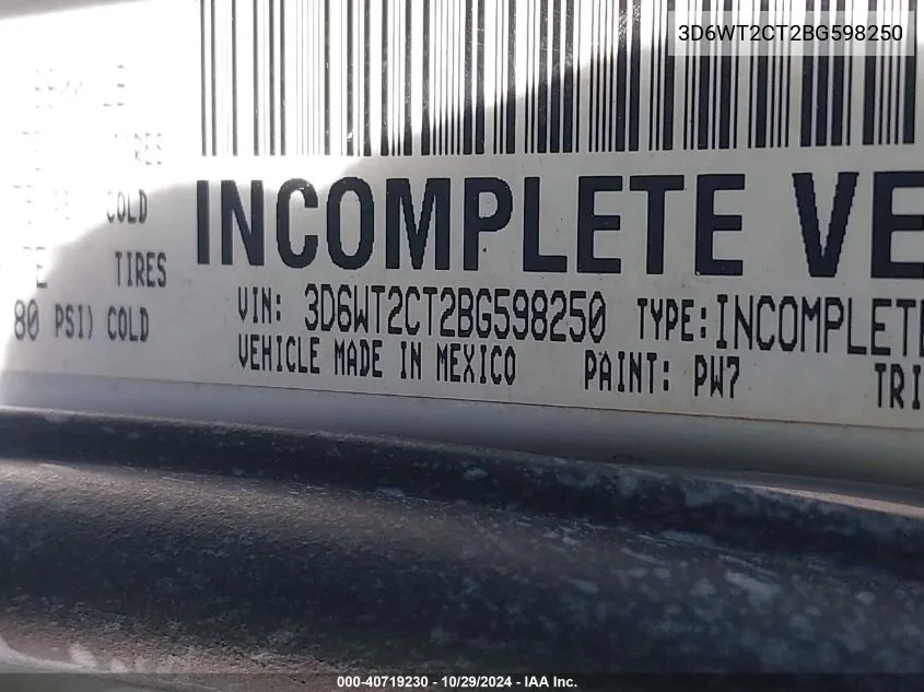 2011 Dodge Ram 2500 VIN: 3D6WT2CT2BG598250 Lot: 40719230