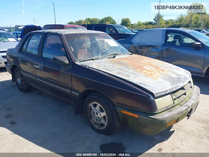 1989 Dodge Shadow VIN: 1B3BP48K3KN688357 Lot: 40499168