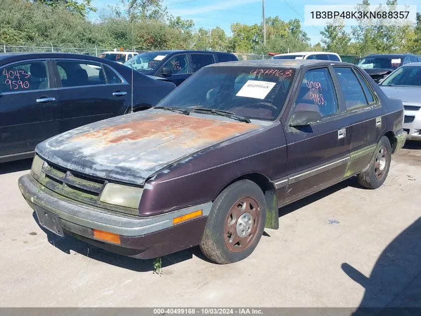 1989 Dodge Shadow VIN: 1B3BP48K3KN688357 Lot: 40499168