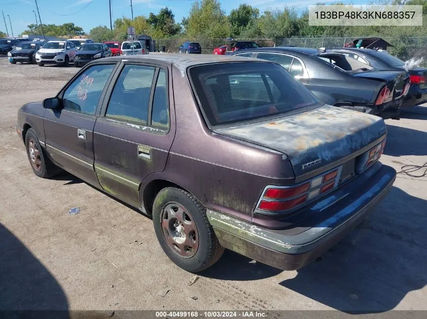 1989 Dodge Shadow VIN: 1B3BP48K3KN688357 Lot: 40499168