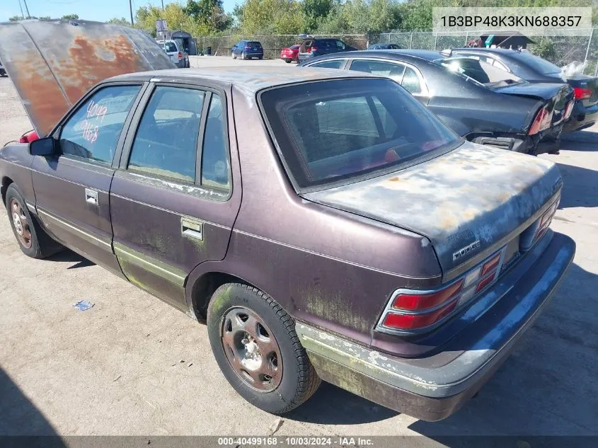 1989 Dodge Shadow VIN: 1B3BP48K3KN688357 Lot: 40499168