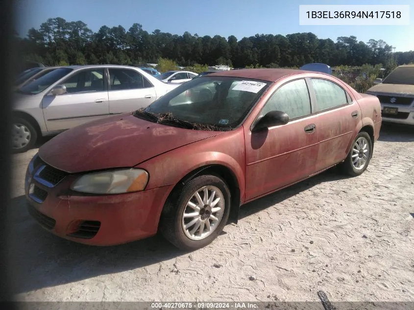 2004 Dodge Stratus Se VIN: 1B3EL36R94N417518 Lot: 40270675