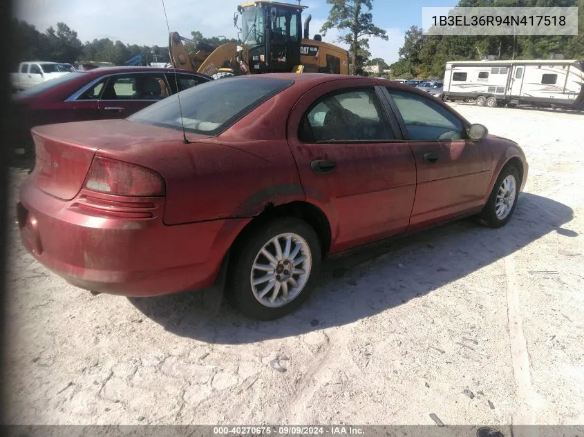 2004 Dodge Stratus Se VIN: 1B3EL36R94N417518 Lot: 40270675