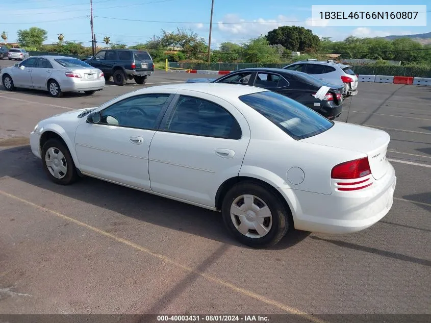 2006 Dodge Stratus Sxt VIN: 1B3EL46T66N160807 Lot: 40003431