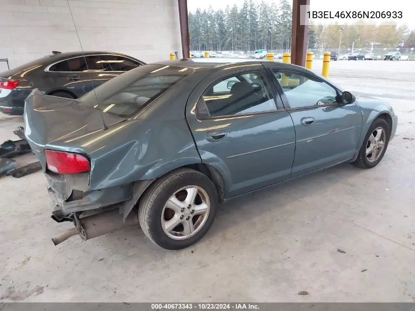 2006 Dodge Stratus Sxt VIN: 1B3EL46X86N206933 Lot: 40673343