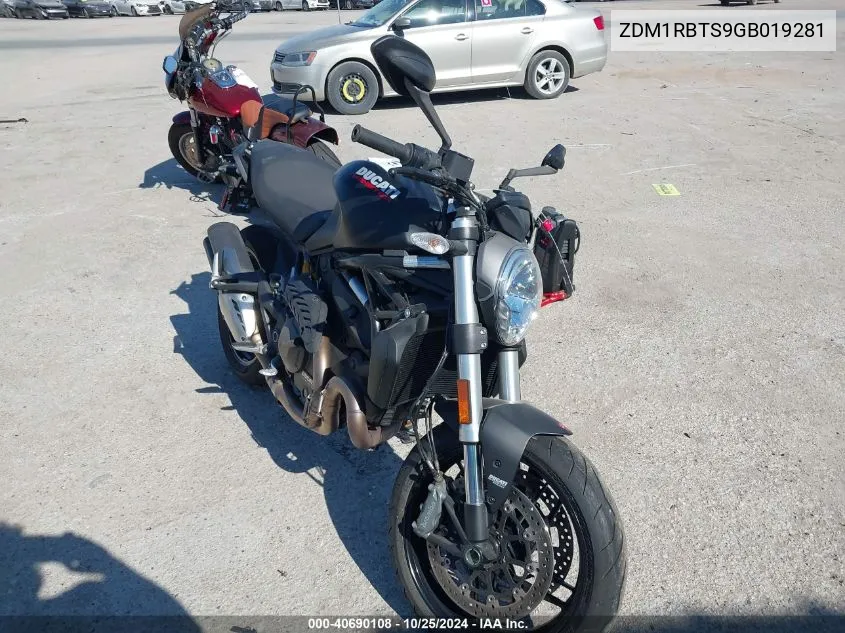 2016 Ducati Monster 821 VIN: ZDM1RBTS9GB019281 Lot: 40690108