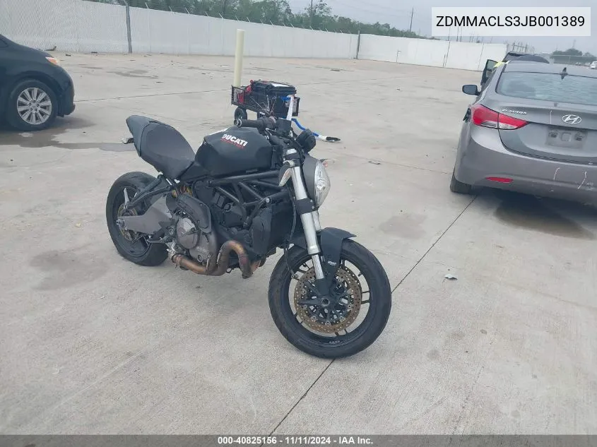 2018 Ducati Monster 821 VIN: ZDMMACLS3JB001389 Lot: 40825156