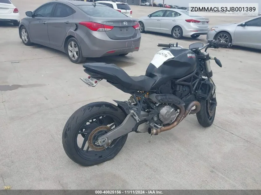 2018 Ducati Monster 821 VIN: ZDMMACLS3JB001389 Lot: 40825156