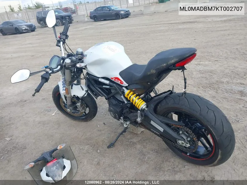 2019 Ducati Monster 797+ VIN: ML0MADBM7KT002707 Lot: 12080962