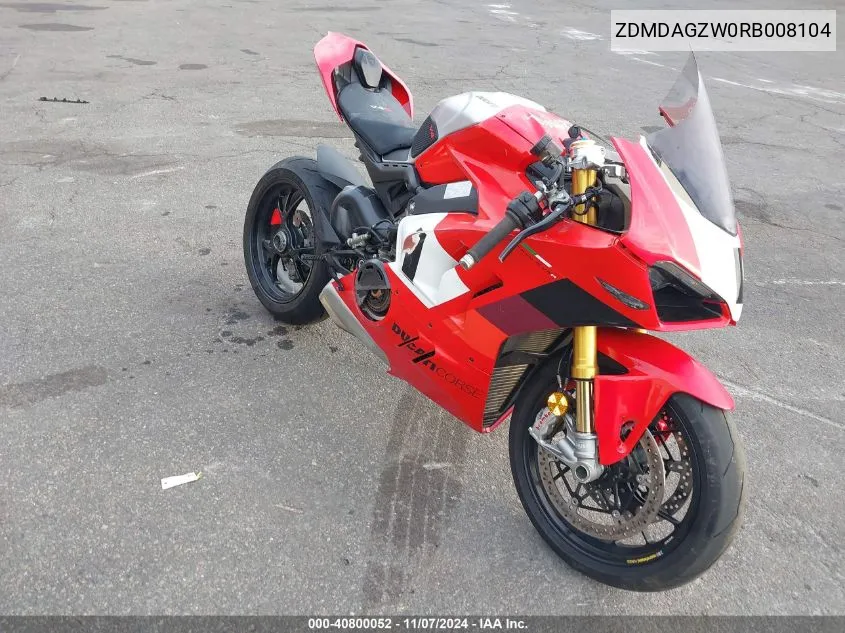 2024 Ducati Panigale V4 R VIN: ZDMDAGZW0RB008104 Lot: 40800052