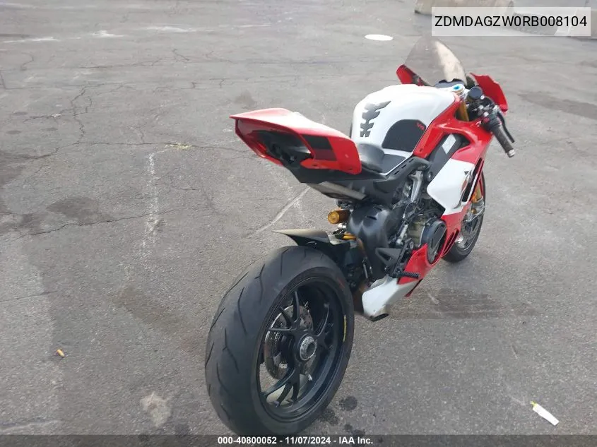 2024 Ducati Panigale V4 R VIN: ZDMDAGZW0RB008104 Lot: 40800052