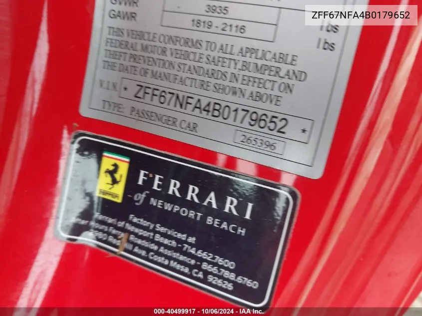 2011 Ferrari 458 Italia VIN: ZFF67NFA4B0179652 Lot: 40499917