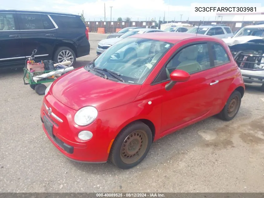 2012 Fiat 500 Pop VIN: 3C3CFFAR9CT303981 Lot: 40089525