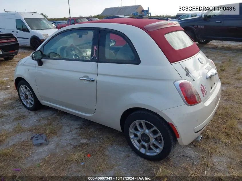 2012 Fiat 500 Pop VIN: 3C3CFFDR4CT190436 Lot: 40607349