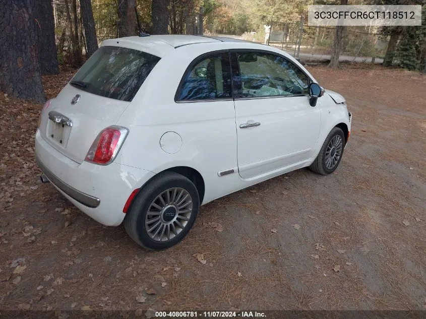 2012 Fiat 500 Lounge VIN: 3C3CFFCR6CT118512 Lot: 40806781