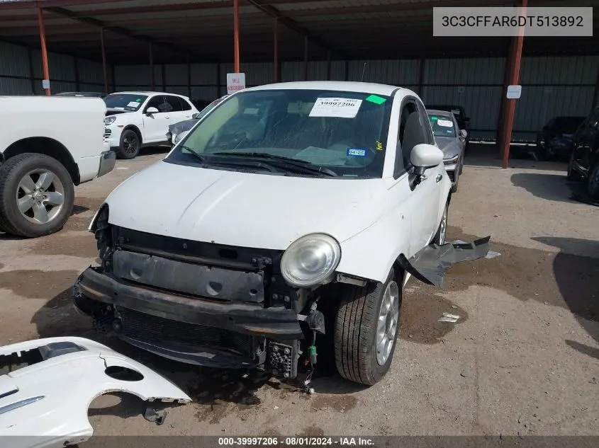 2013 Fiat 500 Pop VIN: 3C3CFFAR6DT513892 Lot: 39997206