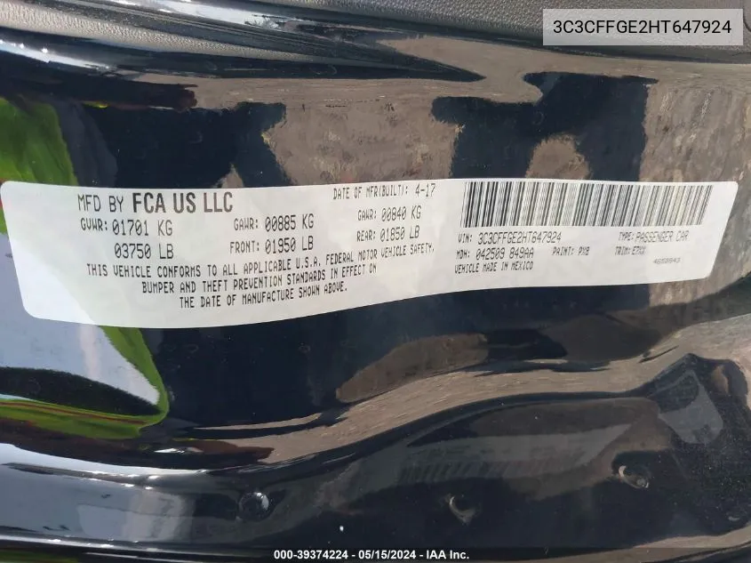 2017 Fiat 500E Battery Electric VIN: 3C3CFFGE2HT647924 Lot: 39374224