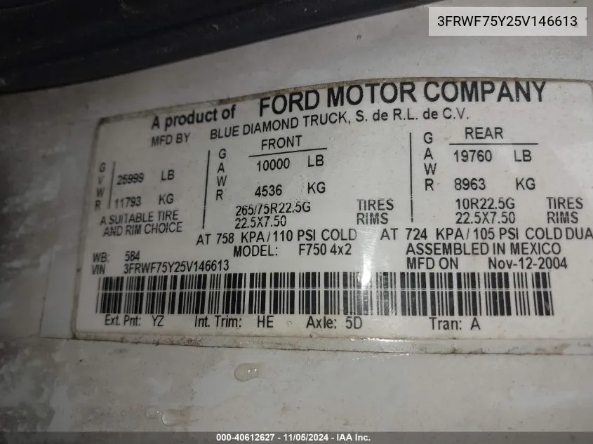 3FRWF75Y25V146613 2005 Ford F-750 Xl/Xlt