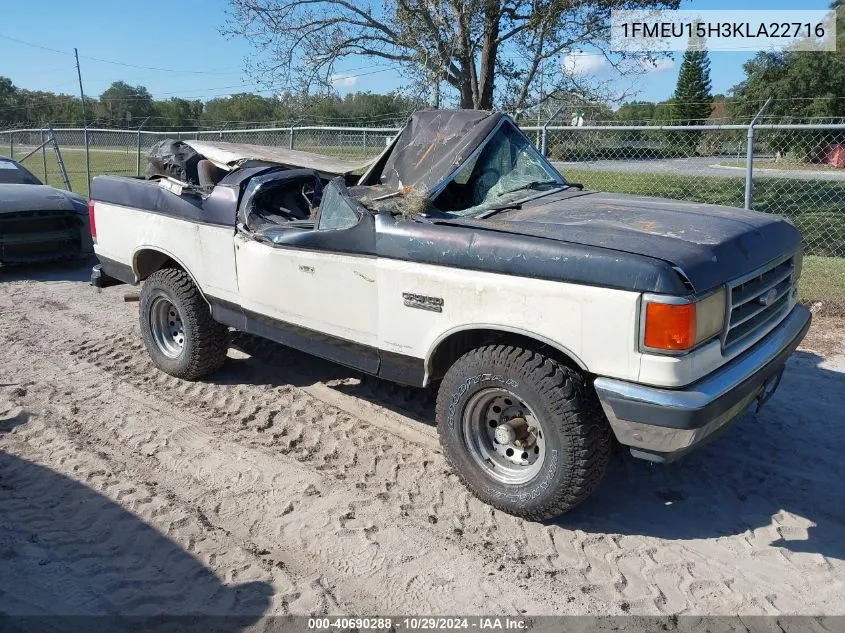 1989 Ford Bronco U100 VIN: 1FMEU15H3KLA22716 Lot: 40690288