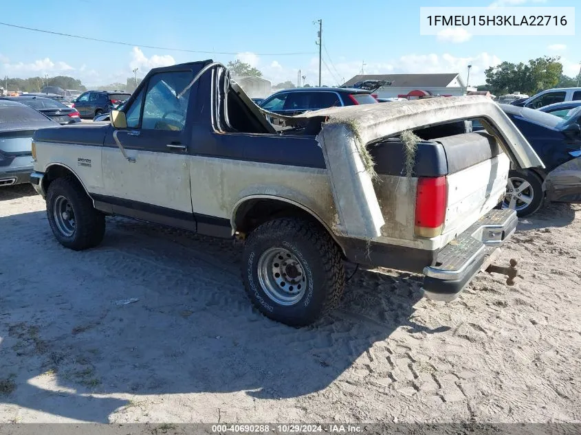 1989 Ford Bronco U100 VIN: 1FMEU15H3KLA22716 Lot: 40690288