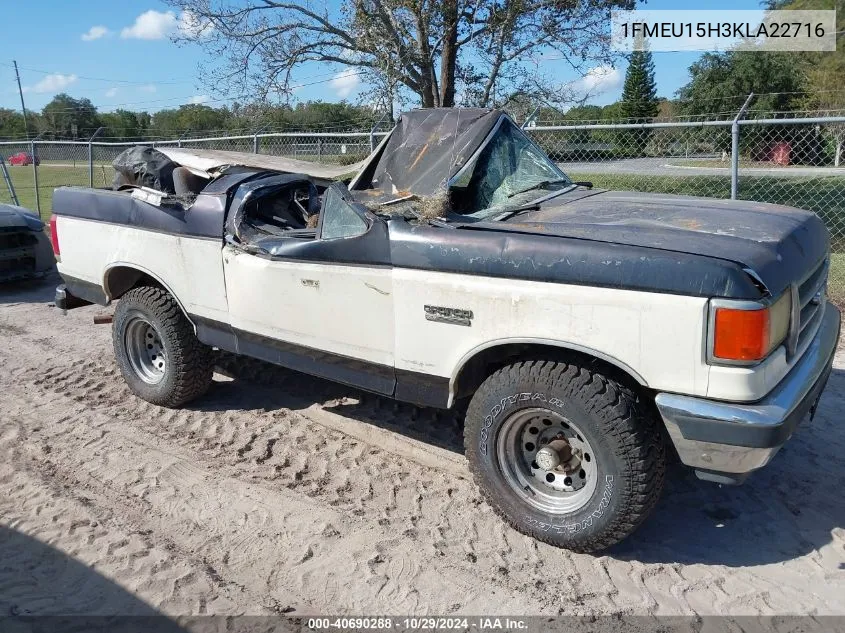 1989 Ford Bronco U100 VIN: 1FMEU15H3KLA22716 Lot: 40690288