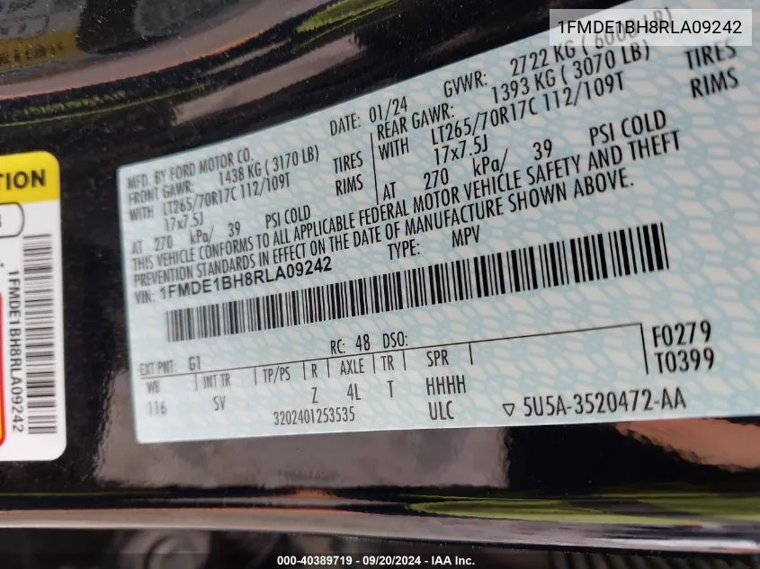 2024 Ford Bronco Black Diamond VIN: 1FMDE1BH8RLA09242 Lot: 40389719