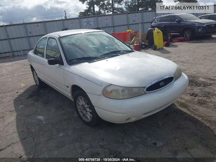 2000 Ford Contour Se Sport VIN: 1FAFP66L6YK110311 Lot: 40708720