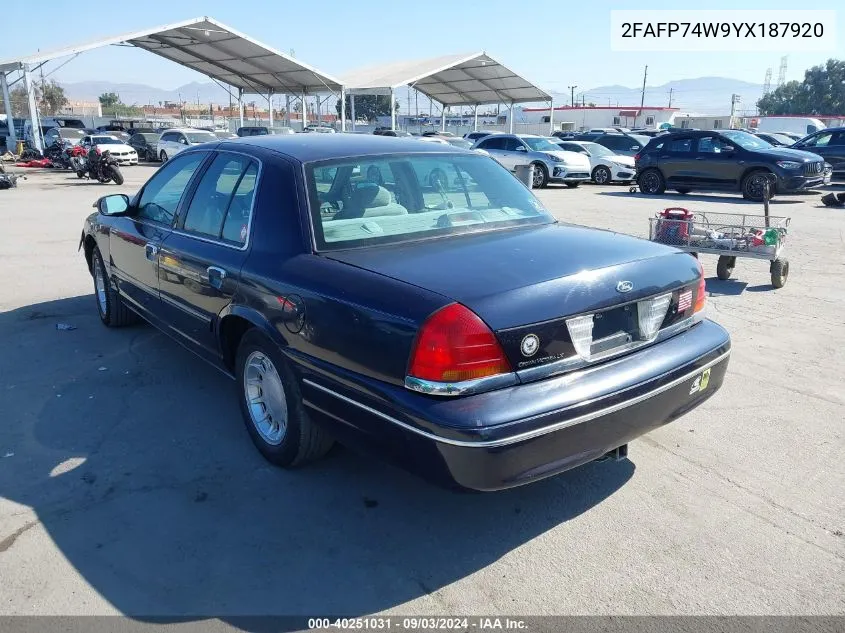 2000 Ford Crown Victoria Lx VIN: 2FAFP74W9YX187920 Lot: 40251031