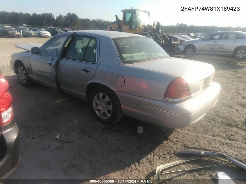 2001 Ford Crown Victoria Lx VIN: 2FAFP74W81X189423 Lot: 40559368