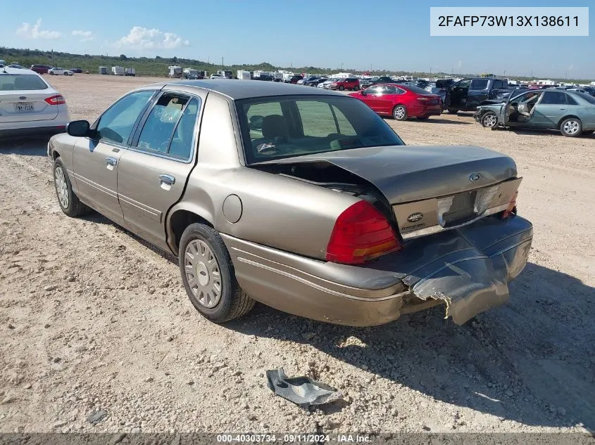 2003 Ford Crown Victoria Standard VIN: 2FAFP73W13X138611 Lot: 40303734