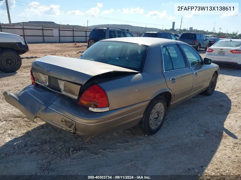 2003 Ford Crown Victoria Standard VIN: 2FAFP73W13X138611 Lot: 40303734