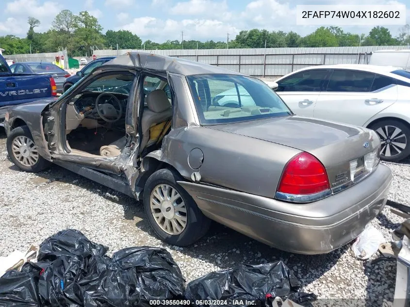 2004 Ford Crown Victoria Lx VIN: 2FAFP74W04X182602 Lot: 39550490