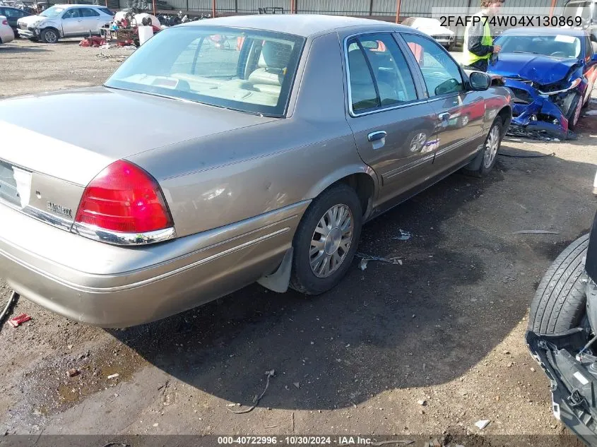 2004 Ford Crown Victoria Lx VIN: 2FAFP74W04X130869 Lot: 40722996