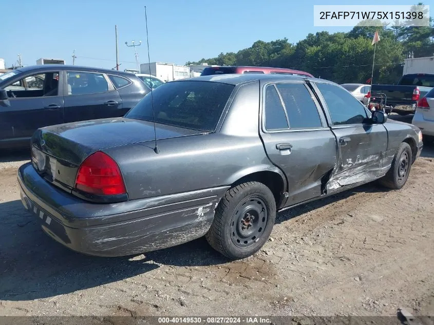 2005 Ford Crown Victoria Police VIN: 2FAFP71W75X151398 Lot: 40149530