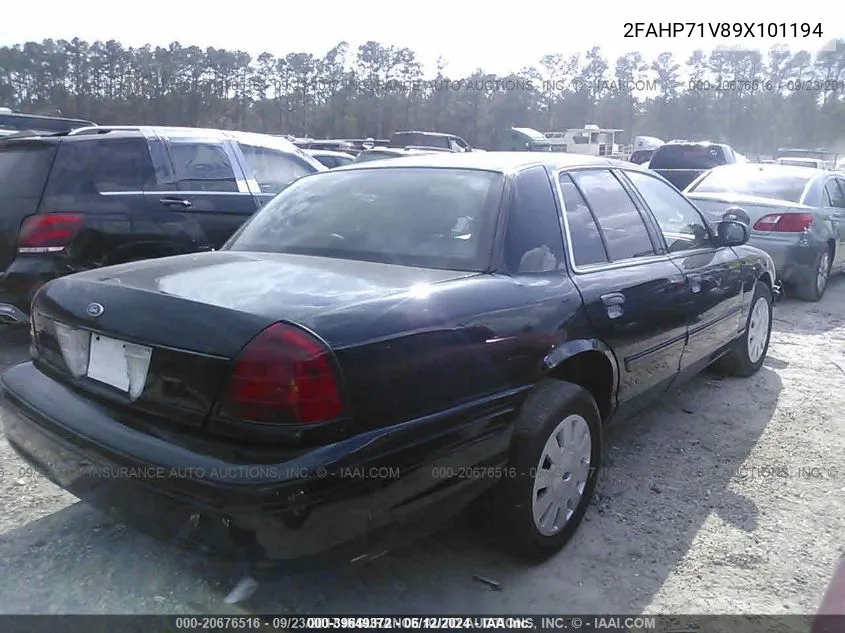 2009 Ford Crown Victoria Police/Police Interceptor VIN: 2FAHP71V89X101194 Lot: 39649372