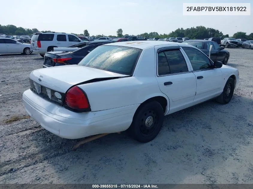 2011 Ford Crown Victoria Police Interceptor VIN: 2FABP7BV5BX181922 Lot: 39855315