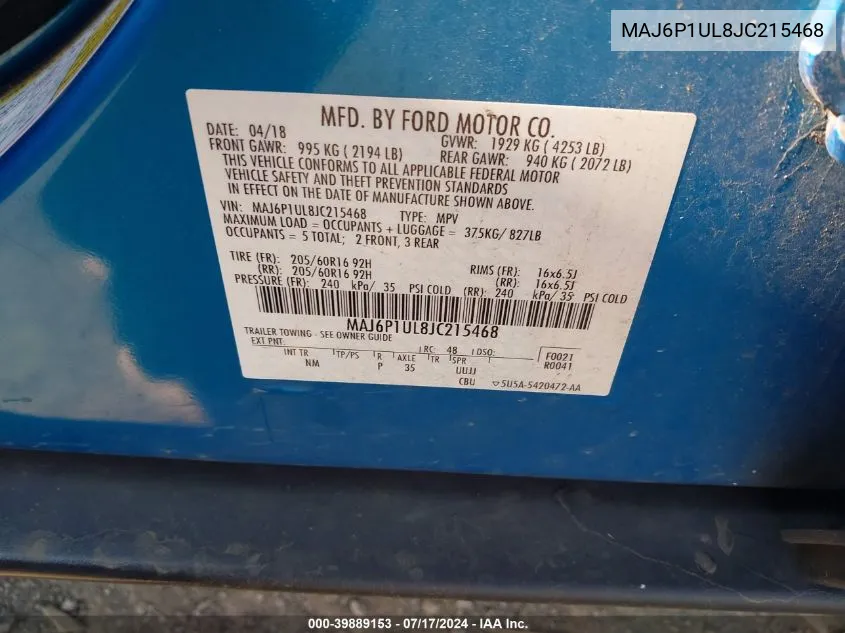 MAJ6P1UL8JC215468 2018 Ford Ecosport Se