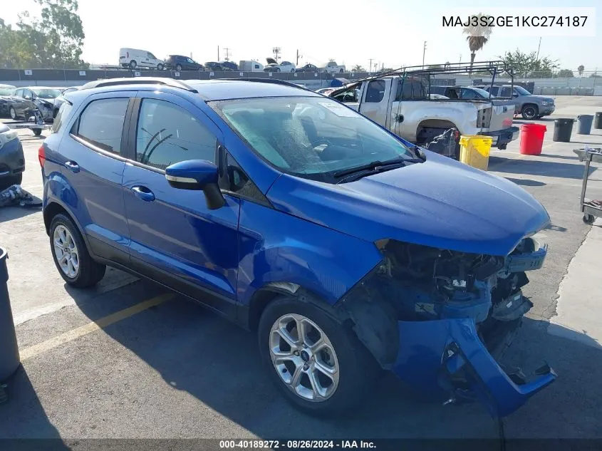 2019 Ford Ecosport Se VIN: MAJ3S2GE1KC274187 Lot: 40189272