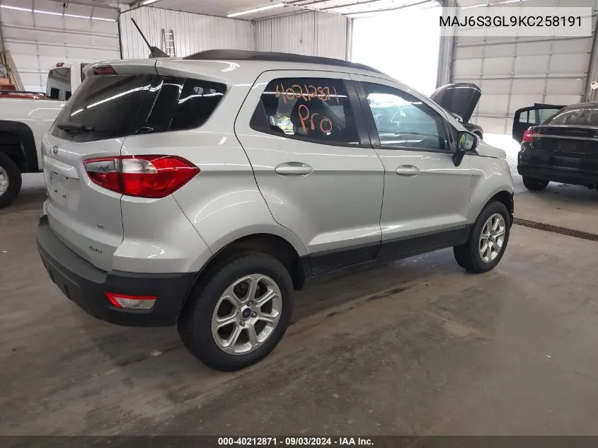 2019 Ford Ecosport Se VIN: MAJ6S3GL9KC258191 Lot: 40212871