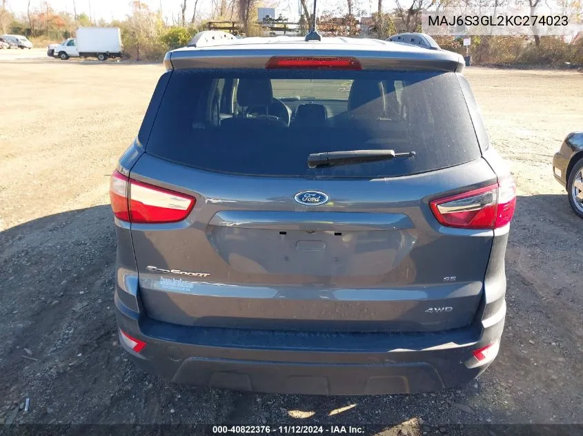 2019 Ford Ecosport Se VIN: MAJ6S3GL2KC274023 Lot: 40822376