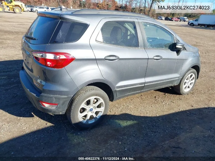 2019 Ford Ecosport Se VIN: MAJ6S3GL2KC274023 Lot: 40822376