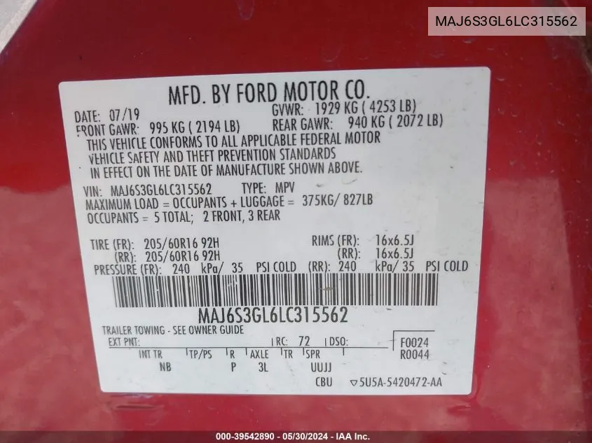 MAJ6S3GL6LC315562 2020 Ford Ecosport Se